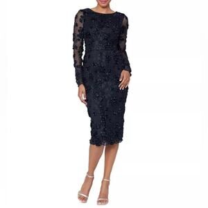 XSCAPE Women's Embellished Lace Long-Sleeve Midi Dress Black Sz 8